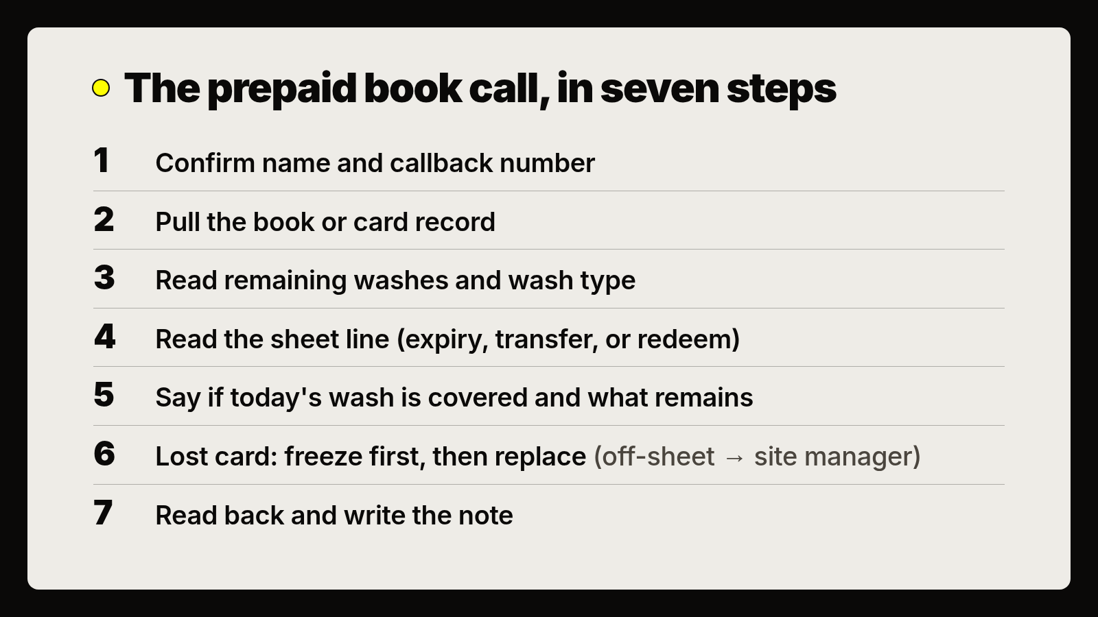 The prepaid book call, in seven steps