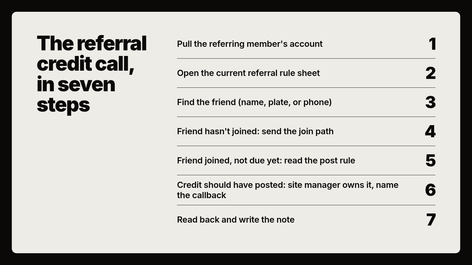 The referral credit call, in seven steps
