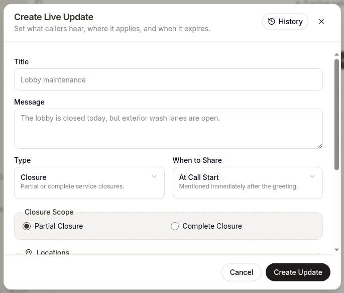 Create Live Update modal: closure, at call start